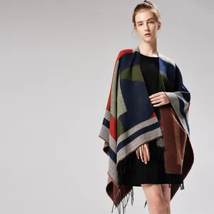 Jacquard geometric patchwork shawl wrap with tassels and color-block design for women