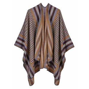 Women's Cashmere-like Knit Poncho Cape Fashion Striped Plaid Houndstooth Shawl Wrap For Winter Warm Open Front Cloak