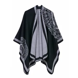 Women's Vintage Bohemian Geometric Pattern Knit Poncho Shawl Reversible Thick Warm Open Front Wrap Cardigan For Winter Fall