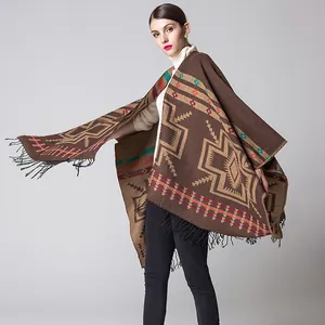 Ethnic style knitted shawl wrap with geometric tribal patterns and black long tassels