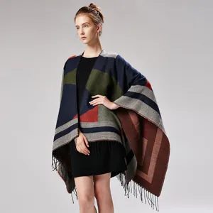 Women's geometric color block poncho cape with fringe tassels in navy and olive green