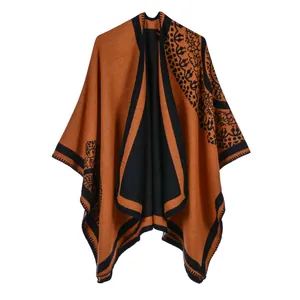 Classic British style faux cashmere knitted shawl cape with vintage ethnic patterns