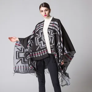 Ethnic geometric pattern thick shawl wrap with fringe tassel hem for winter travel