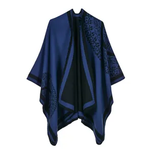 Navy blue and black British style cashmere-like knitted shawl with mandala floral patterns