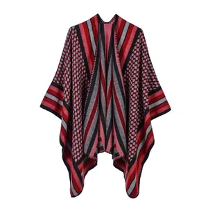 Plaid split shawl wrap for women with red and grey geometric stripes and edge stitching