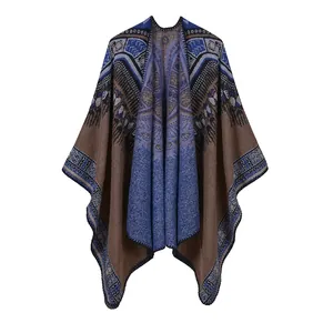 Brown and blue geometric ethnic knit poncho shawl with thick warm fabric for women