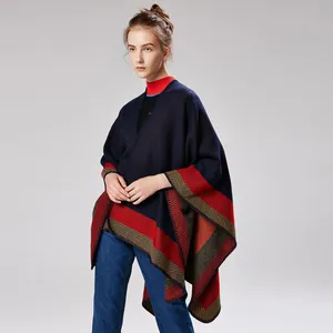 Women's warm geometric jacquard knit shawl with contrast stripes in navy blue