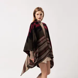 Châle poncho imprimé géométrique bohème pour femme en maille épaisse d'automne et d'hiver