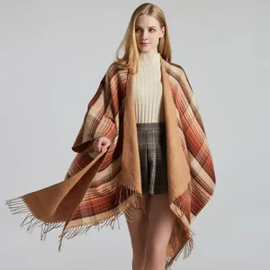 Women Scottish Plaid Poncho Shawl Imitation Cashmere Thick Warm Winter Wrap With Tassels Retro Checkered Cape Outerwear