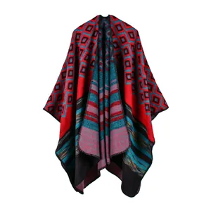 Ethnic style thick cashmere-like knit poncho with red and teal geometric patterns
