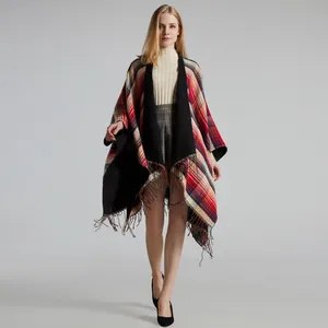 Classic plaid shawl with tassels featuring red, beige and blue patterns for women