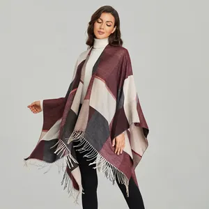 Women Plaid Poncho Shawl With Tassels Imitation Cashmere Warm Color Block Open Front Winter Autumn Cape Fashion Wrap