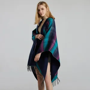 Classic Scottish plaid shawl with elegant long fringes in blue and purple tones