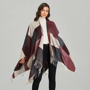Women's autumn winter color-block plaid shawl poncho with fringe trim detail