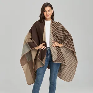 Women's autumn color block checkered knit shawl poncho with split front design