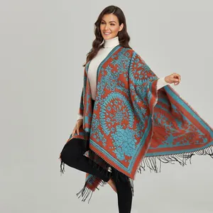 Vintage Ethnic Paisley Tassel Shawl Poncho For Women Bohemian Open Front Wrap Cape For Autumn Winter Warm Travel Outerwear