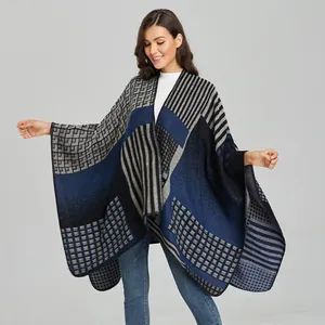 Close-up of geometric knit shawl with premium stitching and thick thermal texture