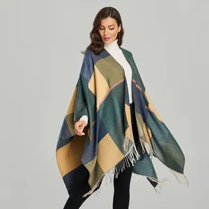 Women's retro plaid oversized poncho shawl with fringes in yellow and blue blocks