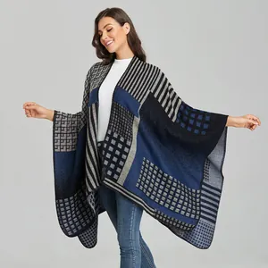 Women Double Sided Geometric Poncho Shawl Thick Warm Checkered Cape Woven Jacquard Open Front Wrap For Autumn Winter