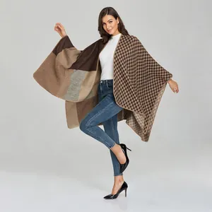 Women's autumn shawl cape featuring patchwork earth tones and checkered pattern design