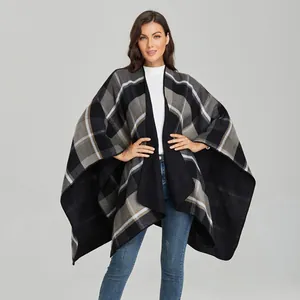 Damen Poncho Cape Kariert Offene Vorderseite Strickschal Leoparden Argyle Muster Kaschmirimitat Dick Warm Winter Oberbekleidung Casual Strickjacke