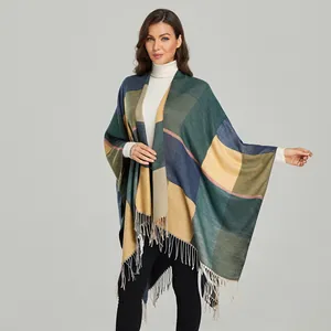 Women's warm oversized color block plaid shawl wrap with tassel fringe for winter