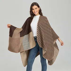 Women Fashion Color Block Poncho Shawl Thick Warm Imitation Cashmere Knitted Cape Scarf Open Front Geometric Wrap Outwear