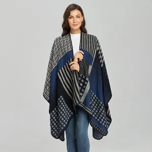 Women's double-sided knit shawl poncho with geometric jacquard pattern in dark blue and grey