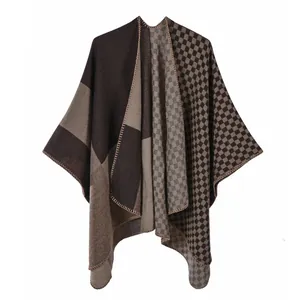 Winter split knit poncho shawl with brown checkerboard pattern and color blocking