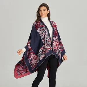 Women Ethnic Paisley Floral Print Shawl Poncho Cape Retro Jacquard Open Front Thick Warm Wrap Blanket For Autumn Winter Outdoor