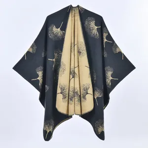 Chinese jacquard thick shawl wrap featuring black and ginger yellow ginkgo leaf pattern