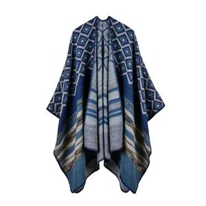 Star pattern cashmere-like knit poncho shawl in deep blue, light blue, and grey stripes