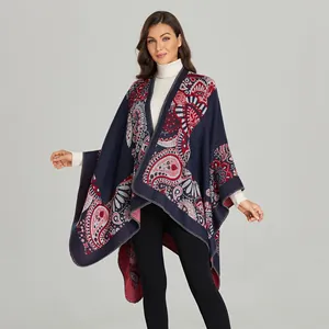 Ethnic paisley print cashmere-like thick shawl cape for women in navy blue color