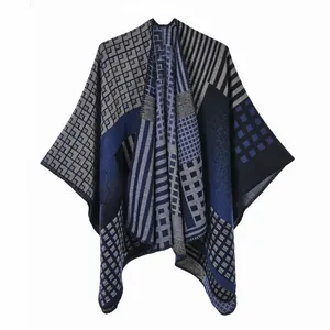 Women's reversible geometric knit poncho shawl with thick warm jacquard pattern