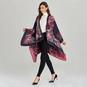 Navy paisley bohemian cashmere-like shawl poncho with red accents for winter warmth