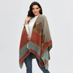 Detailed knit texture and geometric pattern of this retro bohemian style cape shawl for women