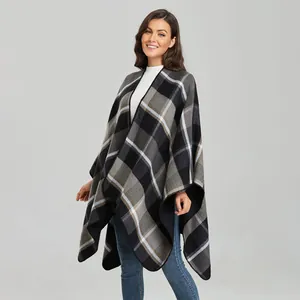 Klassisches Damen Karo-Cape Poncho in Grau und Schwarz aus weichem Kaschmir-Imitat