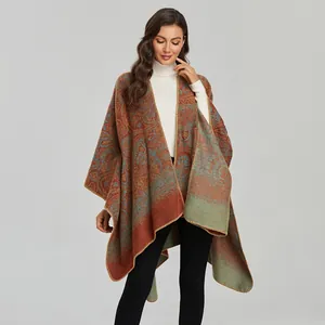 Women Retro Paisley Pattern Poncho Shawl Faux Cashmere Thick Warm Open Front Cape For Winter Travel Fashion Wrap