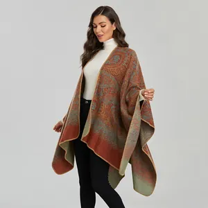 Women's paisley knit shawl poncho with vintage patterns and cozy split design wrap