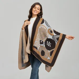 Women's vintage jacquard knitted shawl cape with abstract floral pattern in dark brown