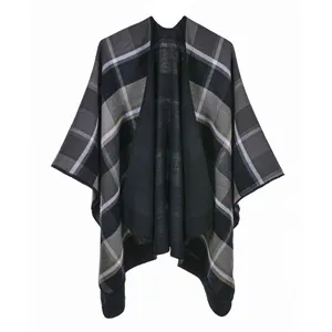 Klassischer Poncho mit grau-schwarzem Karomuster aus weichem Kaschmir-Imitat für Damen