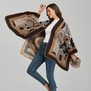 Vintage ethnic print knit shawl poncho with geometric patterns for women's winter fashion