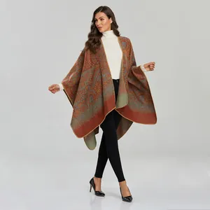 Vintage paisley thick shawl cloak for women in warm brick red and blue colors
