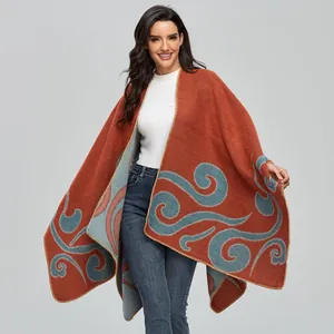 Elegant brick red faux cashmere shawl with blue scroll pattern and fringed edges