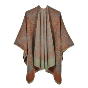 Women's thick bohemian paisley shawl with vintage split poncho design for winter