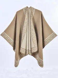 Women's warm camel cashmere-like poncho with Greek Key patterns and open front design