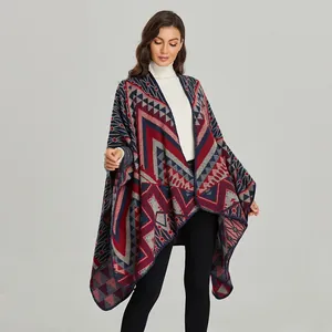 Women's vintage geometric knit poncho cape with split front in navy and red