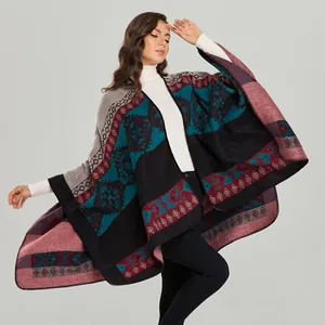 Vintage boho geometric pattern shawl cloak for women in dark green and charcoal tones