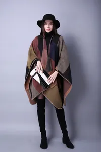 Women's faux cashmere knit shawl with geometric pattern in burgundy and brown