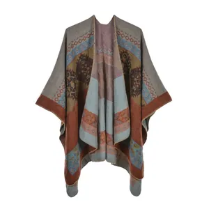 Bohemian women shawl wrap with tribal geometric patterns in soft warm knit fabric